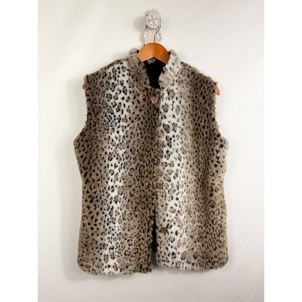 Coldwater Creek Leopard Faux Fur Vest Womens Large Brown Tan Mock Neck Button Up